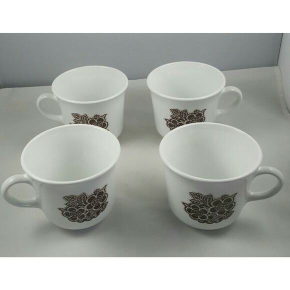 4 Vintage Corelle Batik Coffee Mugs Cups 8 Oz Brown White Floral CorningWare - Picture 4 of 7